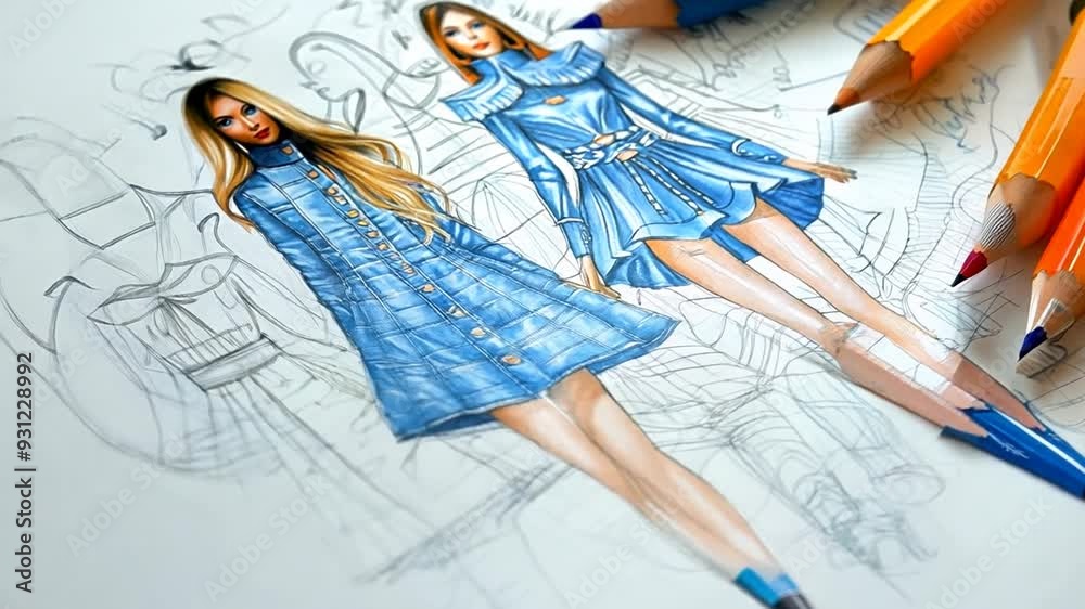 Fashion design sketches featuring stylish blue outfits with colored pencils