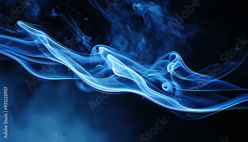 Minimalist abstract artwork with blue smoke-like waves creating fluid, curving patterns on a dark canvas