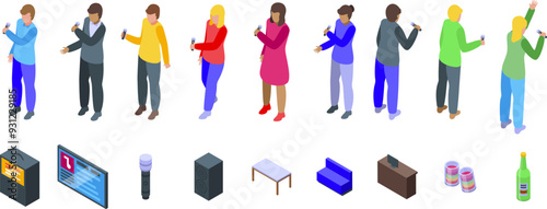 People karaoke icons set. This colorful isometric set features people singing karaoke and various karaoke bar furniture and devices