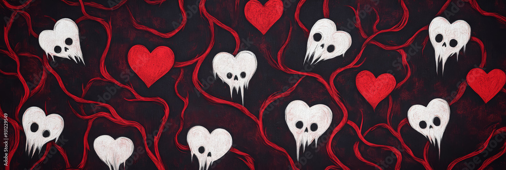 Fototapeta premium Dark charcoal and maroon background with ghostly heart shapes and twisted vines perfect for a spooky anti Valentines Day aesthetic 