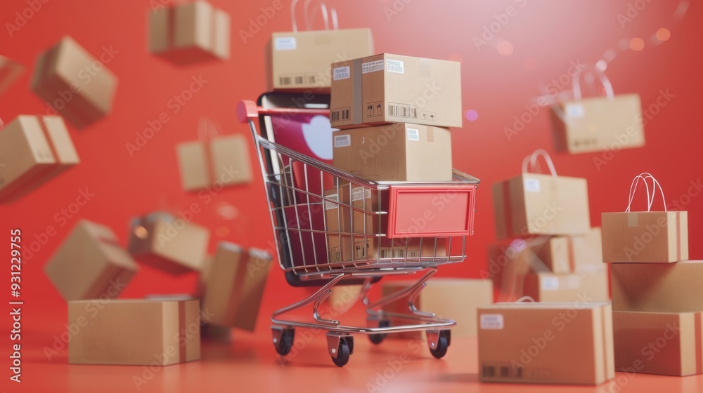 Online shopping concept. Stacked cardboard boxes or parcels in shopping cart coming out from smartphone with receipt or invoice after customer confirms order on red buy button. Online shopping concept. Stacked cardboard boxes or parcels in shopping cart coming out from smartphone with receipt or invoice after customer confirms order on red buy button.