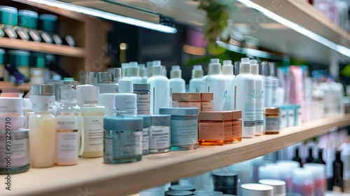 A beauty salon with various cosmetic products displayed, highlighting the beauty industry