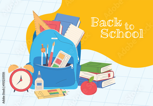 Banner with school backpacks. Back to school. Children briefcases for carrying school supplies. Vector illustration