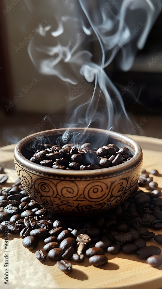 Closeup of aromatic incense sticks in a wooden bowl with coffee beans and spices, capturing a cozy, café-like atmosphere Closeup of aromatic incense sticks in a wooden bowl with coffee beans and spices, capturing a cozy, café-like atmosphere