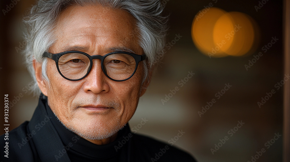 Obraz premium An older man stands quietly, wearing stylish glasses, as warm light flows softly behind him, creating an inviting atmosphere