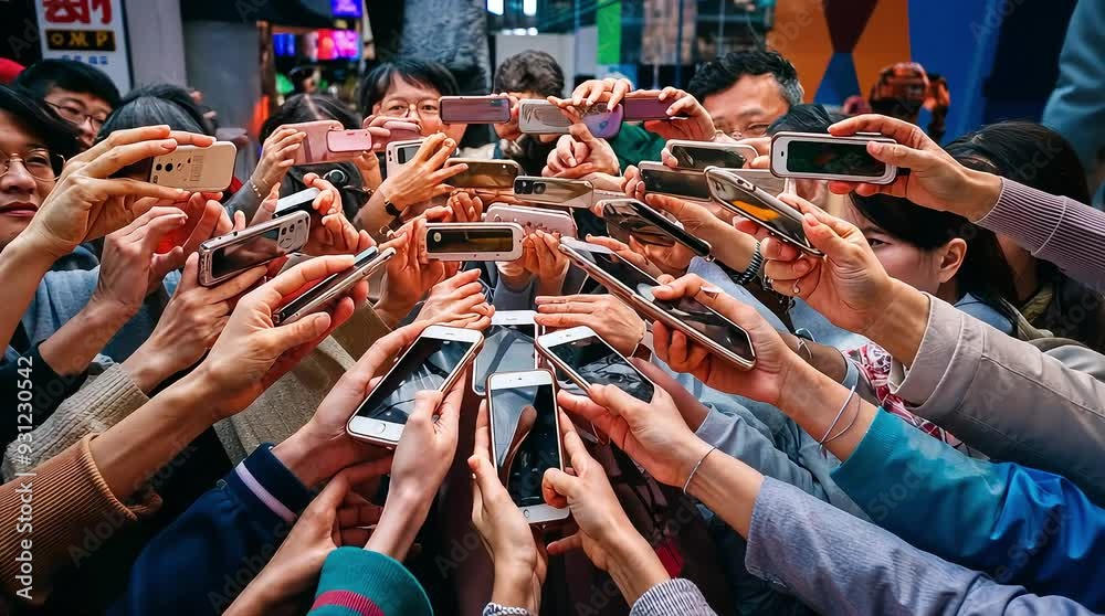 A crowd gathers in a circle, each person holding a smartphone towards the center, symbolizing the digital connection of today’s era