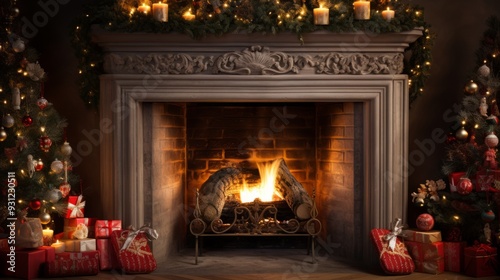 Beautiful christmas decorated fireplace in dark interior. Neural network ai generated art