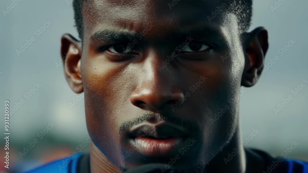 Close up of a focused soccer player wearing a blue jersey, his intense gaze reflecting his determination and readiness for the game Close up of a focused soccer player wearing a blue jersey, his intense gaze reflecting his determination and readiness for the game