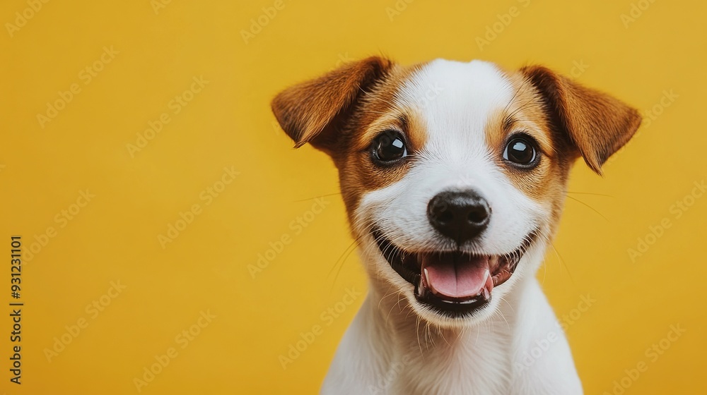 Happy Jack Russell Terrier dog with big brown eyes and tongue sticking out on a yellow background. Happy Jack Russell Terrier dog with big brown eyes and tongue sticking out on a yellow background.