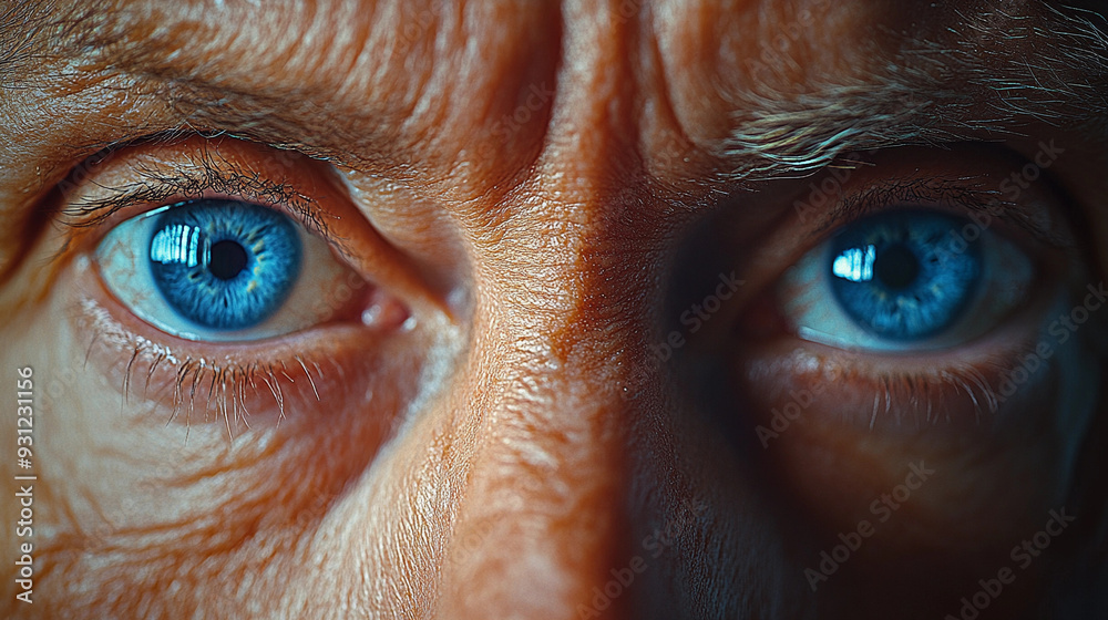 An elderly individual gazes thoughtfully, showcasing striking blue eyes and deep facial lines illuminated by soft natural light An elderly individual gazes thoughtfully, showcasing striking blue eyes and deep facial lines illuminated by soft natural light