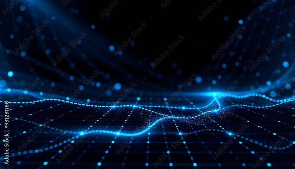 Fototapeta premium A futuristic digital data with a glowing blue sphere and a network of interconnected lines and points, representing a global communication or technology concept, set against a dark blue starry ba