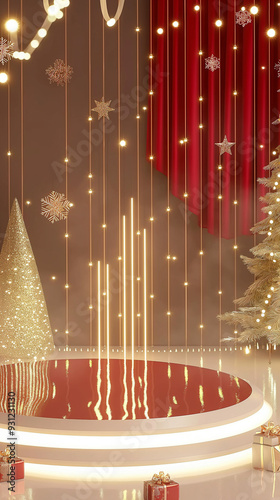 Golden Christmas Lamp on Red Podium with Elegant Holiday Lights and Decor