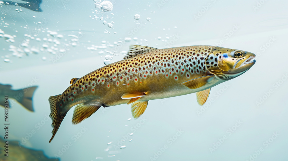 A trout swimming underwater in a river, showcasing its shiny body with characteristic spots against a light background A trout swimming underwater in a river, showcasing its shiny body with characteristic spots against a light background
