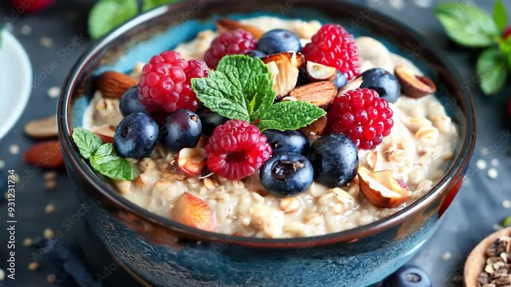 A bowl of oatmeal topped with fresh berries and nuts, symbolizing a nutritious breakfast. A bowl of oatmeal topped with fresh berries and nuts, symbolizing a nutritious breakfast.