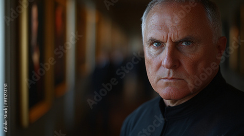 A man with a serious expression stands in a gallery, surrounded by portraits, showcasing a moment of contemplation