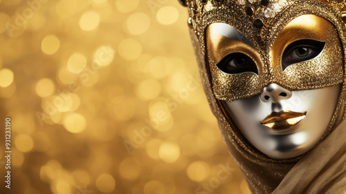 Warm golden background with subtle masked faces honoring Venice Carnival Italy festive and elegant European holiday rich with history and culture 