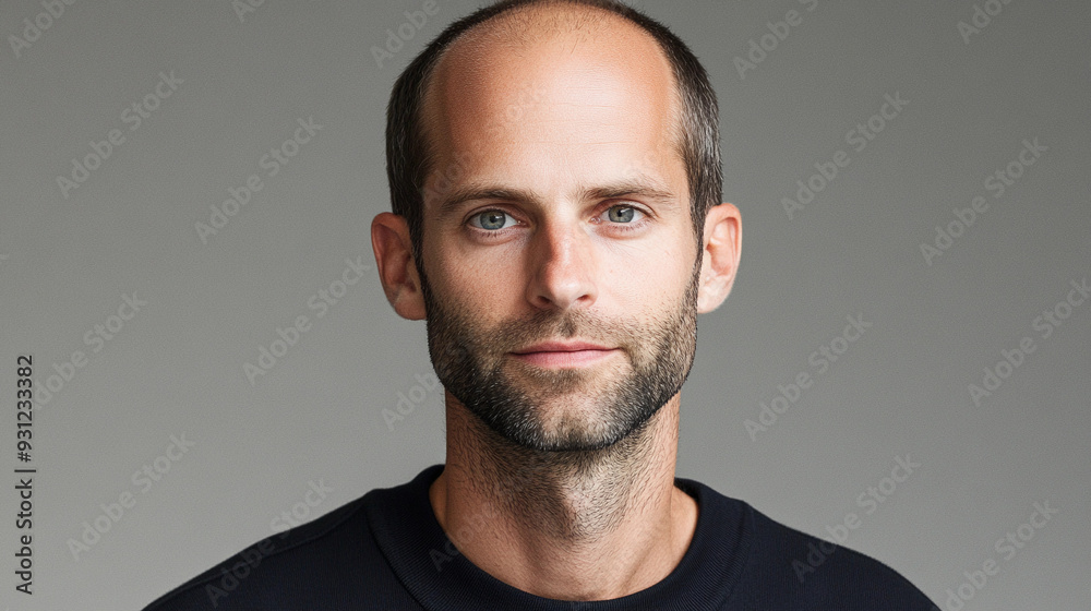 Fototapeta premium A man stands still, showcasing a calm expression with short hair and a well-groomed beard against a simple backdrop