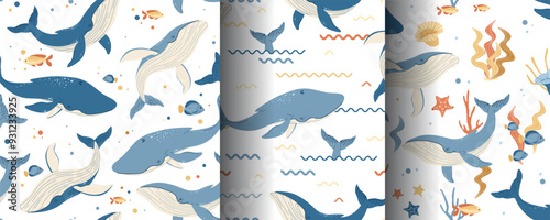 Set of Seamless patterns with cute whales and seaweed. Vector marine children s print with sea creatures for textiles, scrapbooking, wallpapers, etc.