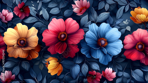 A colorful floral design with a blue background. The flowers are in various colors and sizes, and they are arranged in a way that creates a sense of movement and depth. Scene is cheerful and vibrant