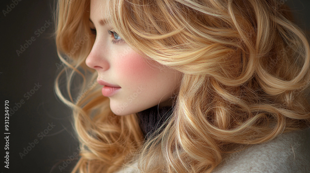A young woman with wavy blonde hair gazes thoughtfully while showcasing her natural beauty in a softly lit setting A young woman with wavy blonde hair gazes thoughtfully while showcasing her natural beauty in a softly lit setting