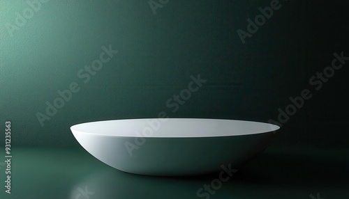 Minimalistic white bowl on a dark green background, perfect for showcasing food or decorative items in a modern setting.