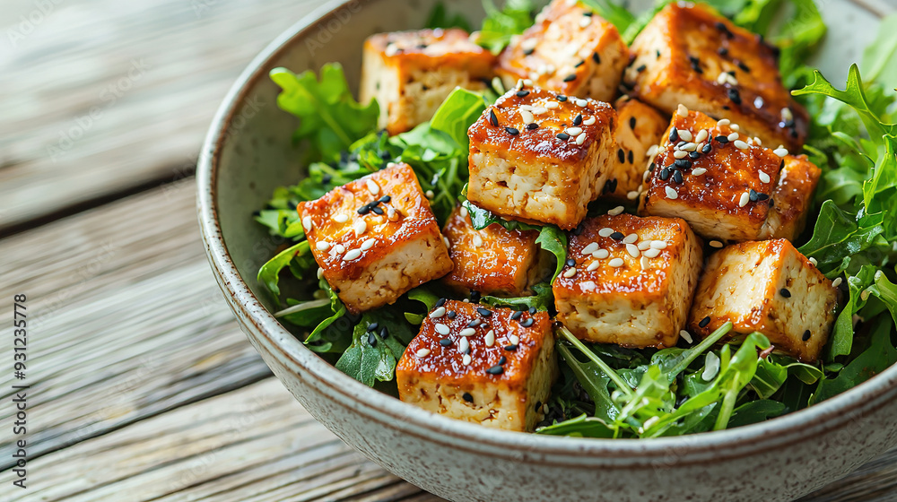 Stir fried tofu in a bowl with sesame and greens on light wooden table, copy space for text Stir fried tofu in a bowl with sesame and greens on light wooden table, copy space for text