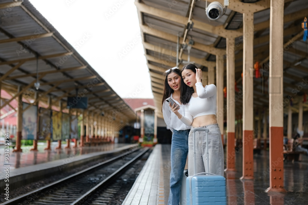 Two women standing at a train station with their luggage Two women standing at a train station with their luggage