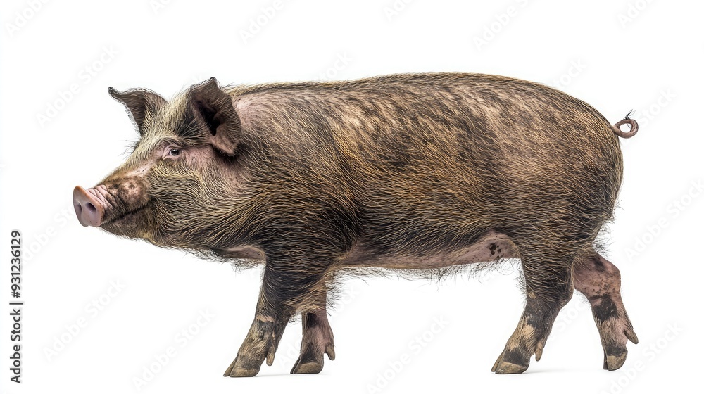 A brown and pink pig walking with a white background. A brown and pink pig walking with a white background.