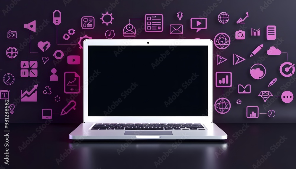 A white laptop computer surrounded by various pink and purple technology icons including a house, envelope, wifi symbol, play button, and other digital interface elements on a purple background A white laptop computer surrounded by various pink and purple technology icons including a house, envelope, wifi symbol, play button, and other digital interface elements on a purple background