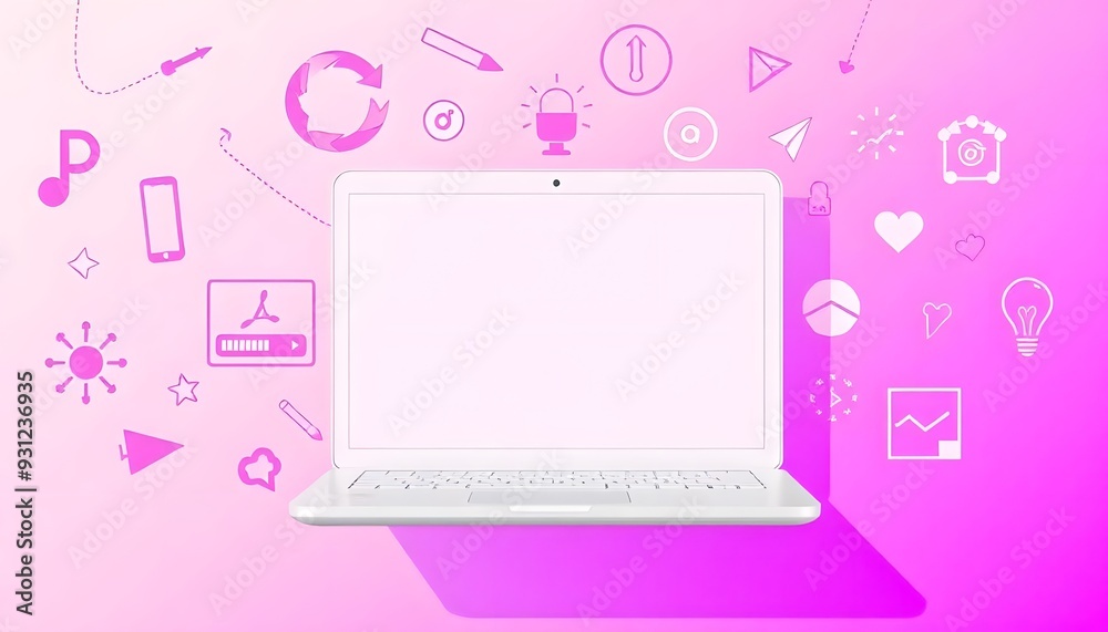 A white laptop computer surrounded by various pink and purple technology icons including a house, envelope, wifi symbol, play button, and other digital interface elements on a purple background A white laptop computer surrounded by various pink and purple technology icons including a house, envelope, wifi symbol, play button, and other digital interface elements on a purple background