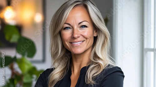 A woman with long blonde hair smiles confidently while standing in a well-lit room filled with plants and soft lighting