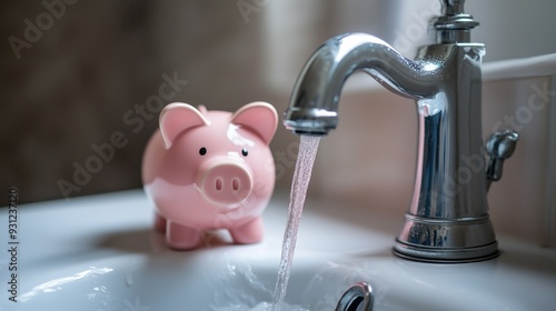 Water saving piggy bank green eco and environment friendly bathroom and a tap with flowing water background