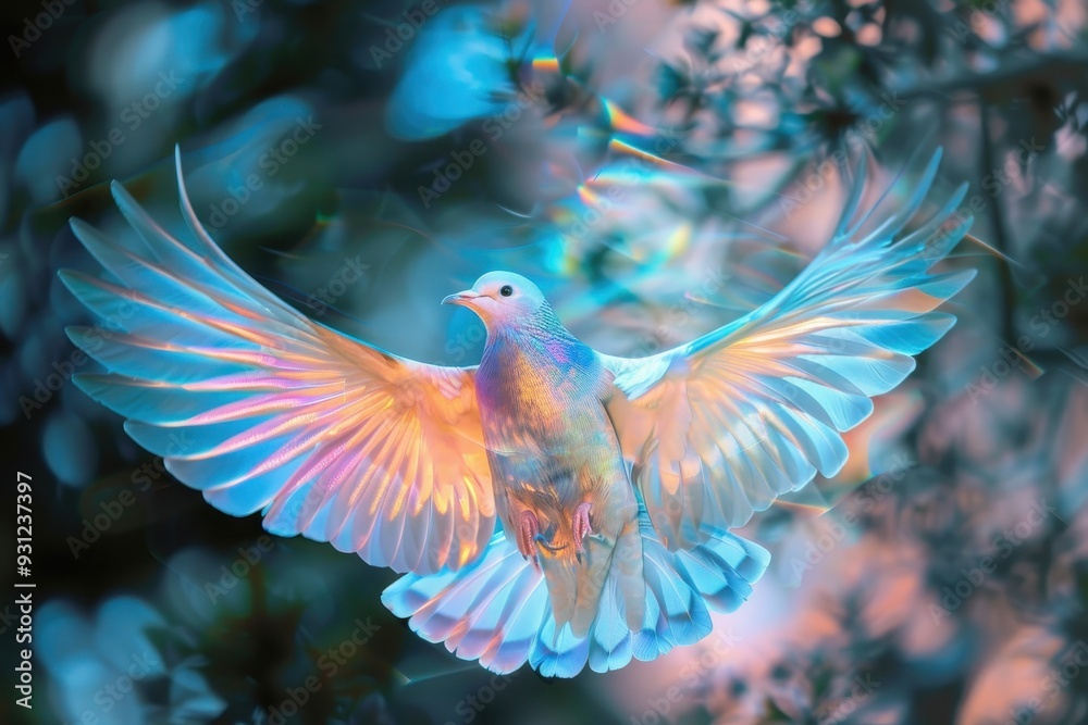 Obraz premium A holographic bird in flight, with wings that shimmer and change colors. 