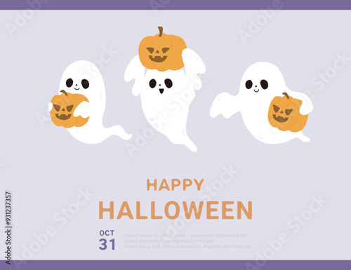 Halloween hand drawn  illustration poster with ghosts holding pumpkins.