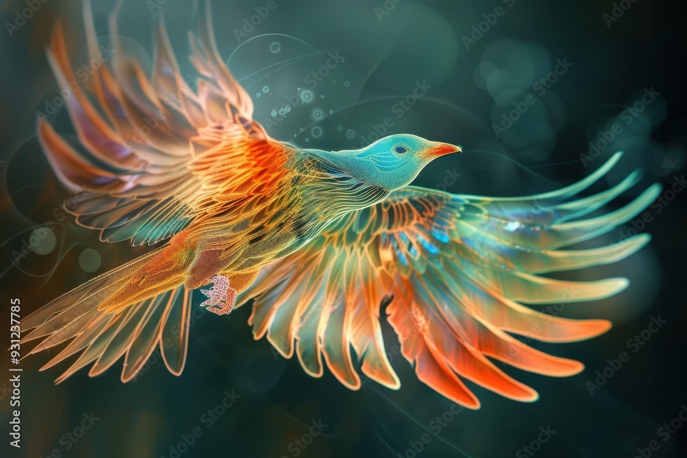 Obraz premium A holographic bird in flight, with wings that shimmer and change colors. 