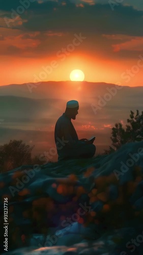 Video vertical recreation of muslim man reading the Quran in a hill with the sundown photo