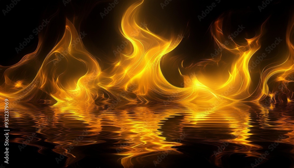 Fiery Reflection: Flames Mirrored in Water Against a Black Background Fiery Reflection: Flames Mirrored in Water Against a Black Background