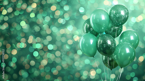 Illustration of Green party balloons on the white background, flying baloons with beautiful blur glitter background, 3d rending, green gliter baloons on beautiflul graphic abstract background
