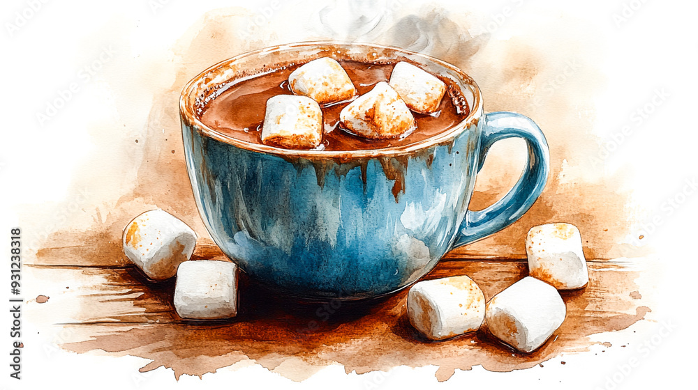 Cozy Watercolor Illustration of Steaming Hot Chocolate with Marshmallows | Warm Drink Artwork in Soft Tones Cozy Watercolor Illustration of Steaming Hot Chocolate with Marshmallows | Warm Drink Artwork in Soft Tones