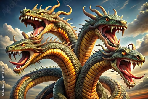 Greek myth hydra snake monster with many heads photo