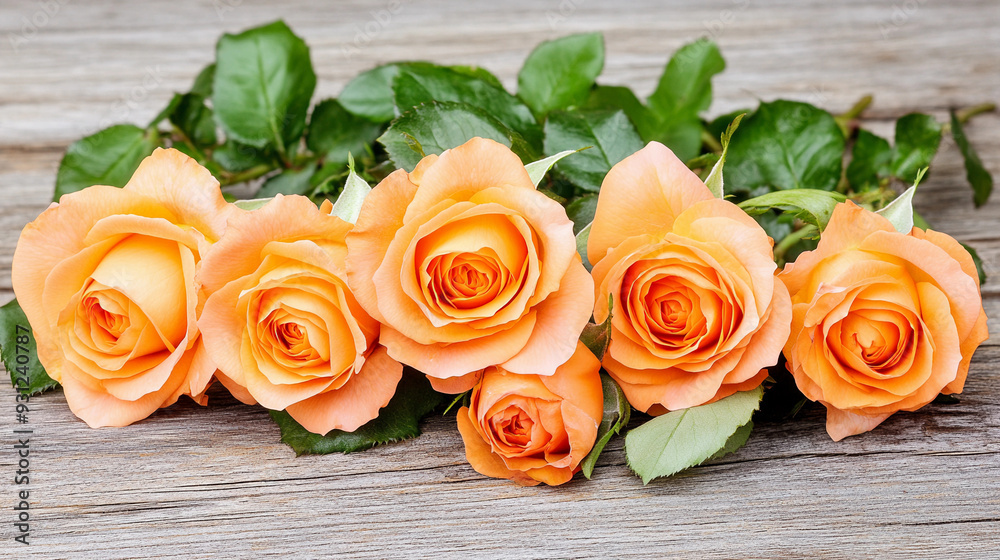 A delicate arrangement of peach roses sits on a wooden surface, showcasing their soft petals and lush greenery in the morning sun A delicate arrangement of peach roses sits on a wooden surface, showcasing their soft petals and lush greenery in the morning sun