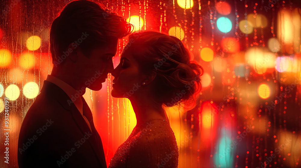 Silhouette of a romantic couple close together by a rainy window with colorful city lights in the background Silhouette of a romantic couple close together by a rainy window with colorful city lights in the background