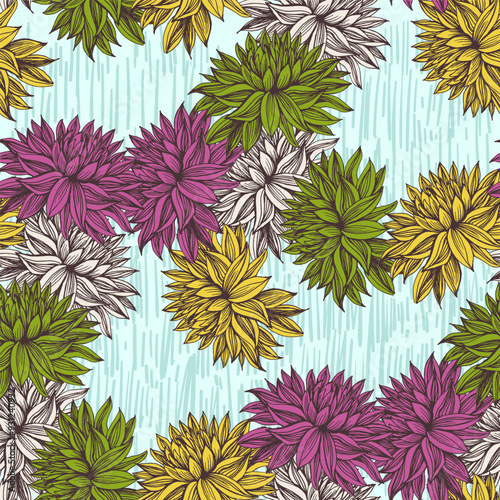 Chrysanthemum plants pattern illustration poster background. Dalhia Seamless Vector Pattern Ink Drawing. Flower pattern wallpaper textile vintage floral blossom spring illustration background seamless