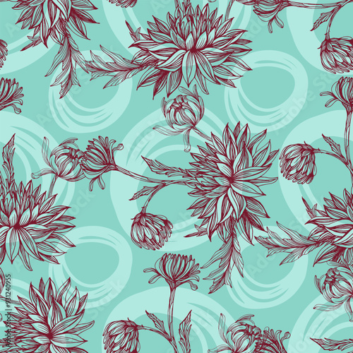 Chrysanthemum plants pattern illustration poster background. Dalhia Seamless Vector Pattern Ink Drawing. Flower pattern wallpaper textile vintage floral blossom spring illustration background seamless