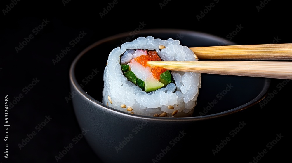 Delicious sushi roll captured with chopsticks in a stylish bowl, perfect for culinary and food photography. Delicious sushi roll captured with chopsticks in a stylish bowl, perfect for culinary and food photography.