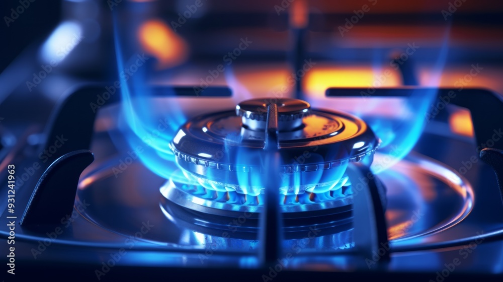 Burning gas flame on gas stove with blurred background. Neural network ai generated art Burning gas flame on gas stove with blurred background. Neural network ai generated art