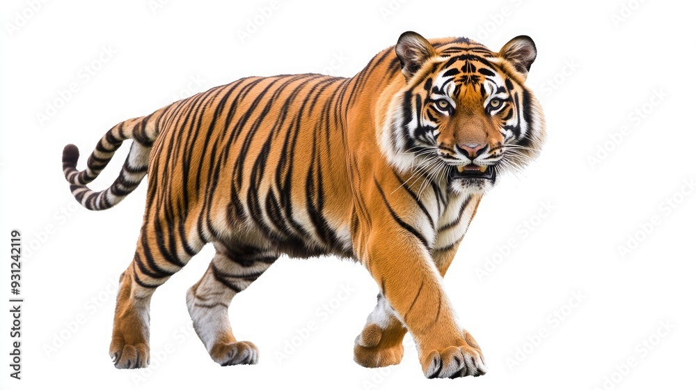 A majestic Bengal tiger walks forward with its powerful paws on a white background.