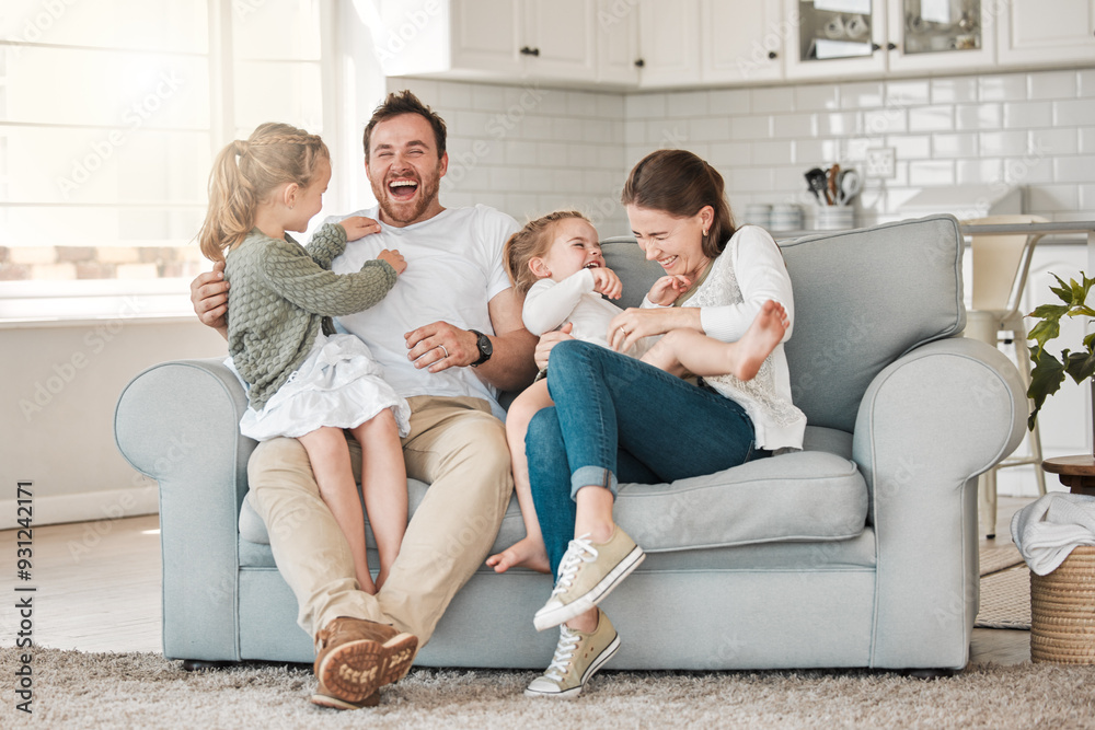 Family, playful and laughing in house for relax, care and happiness on sofa with joy, embrace and fun. Parents, face and people with children for love, bonding and support together in lounge on couch Family, playful and laughing in house for relax, care and happiness on sofa with joy, embrace and fun. Parents, face and people with children for love, bonding and support together in lounge on couch