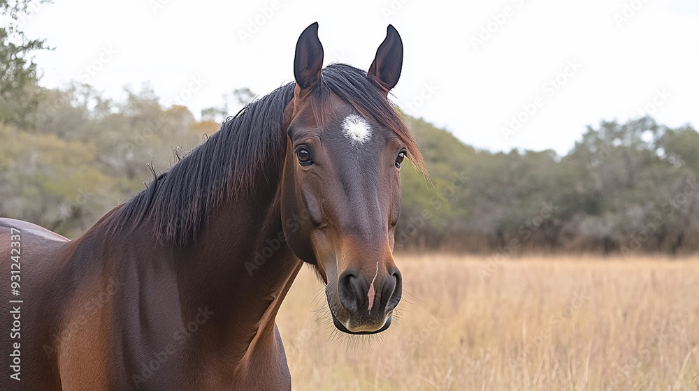 Obraz premium A brown horse with a white star on its forehead gazes softly at the camera while surrounded by tall grass in a tranquil setting
