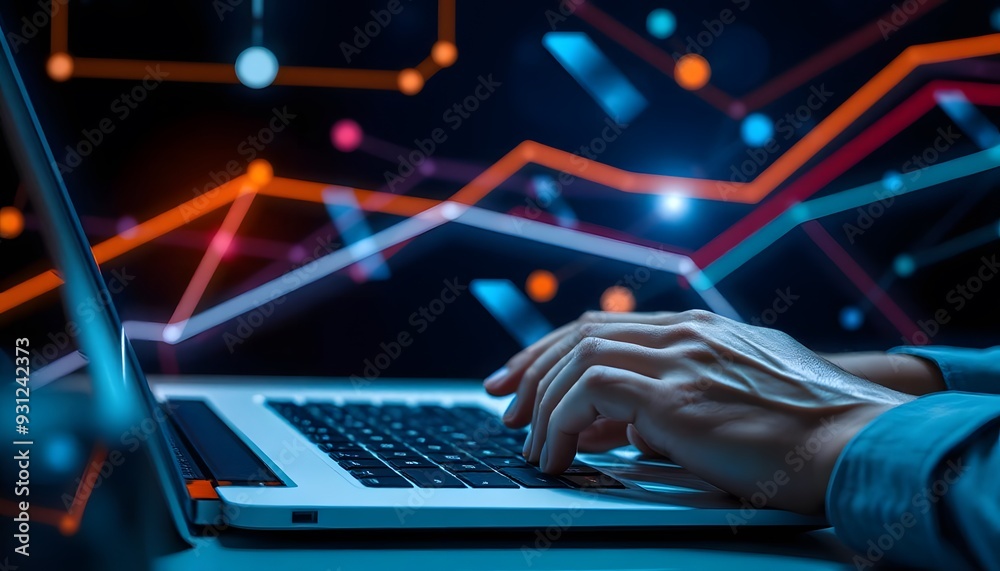 A person's hands typing on a laptop keyboard in a dimly lit room with abstract geometric shapes in the background